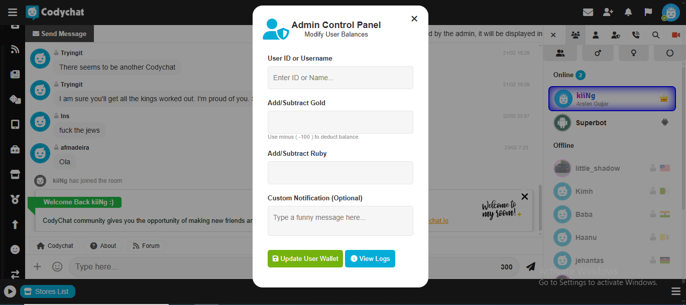 CodyChat Wallet Master Addon Dashboard and Transaction History Logs