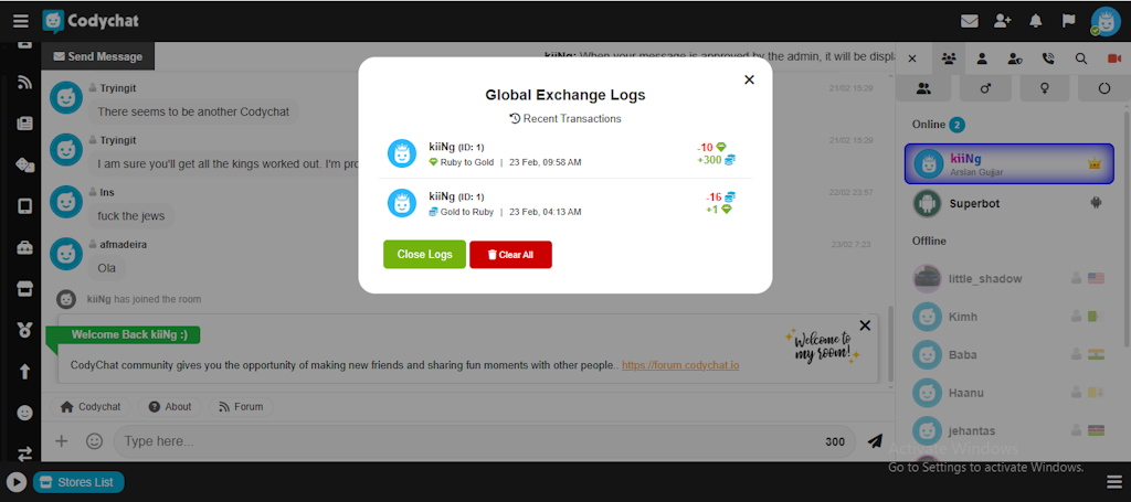 CodyChat Wallet Master Addon Dashboard and Transaction History Logs